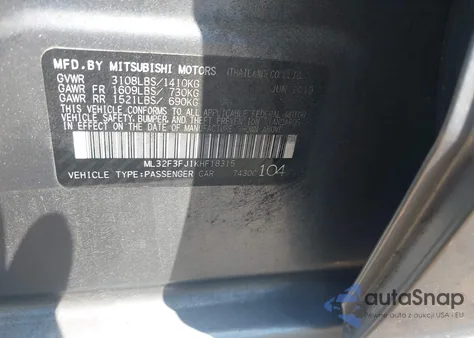 2019 Mitsubishi Mirage G4 Es z USA, uszkodzony, nr VIN ML32F3FJ1KHF18315